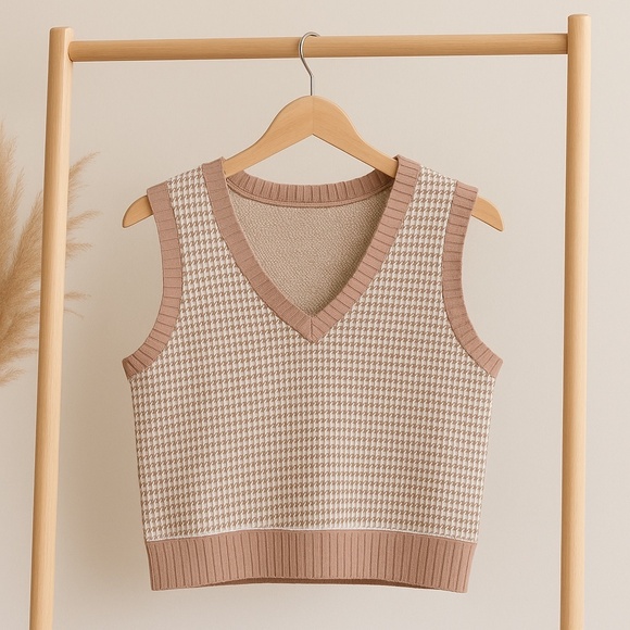 Brown White Houndstooth Sweater Vest L | Light Academia Preppy - Picture 8 of 8